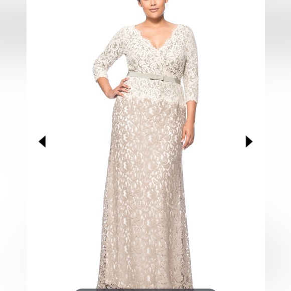 TADASHI SHOJI LACE ¾ SLEEVE V-NECK GOWN WITH GROSGRAIN RIBBON BELT 
PLUS SIZE - Picture 1 of 11